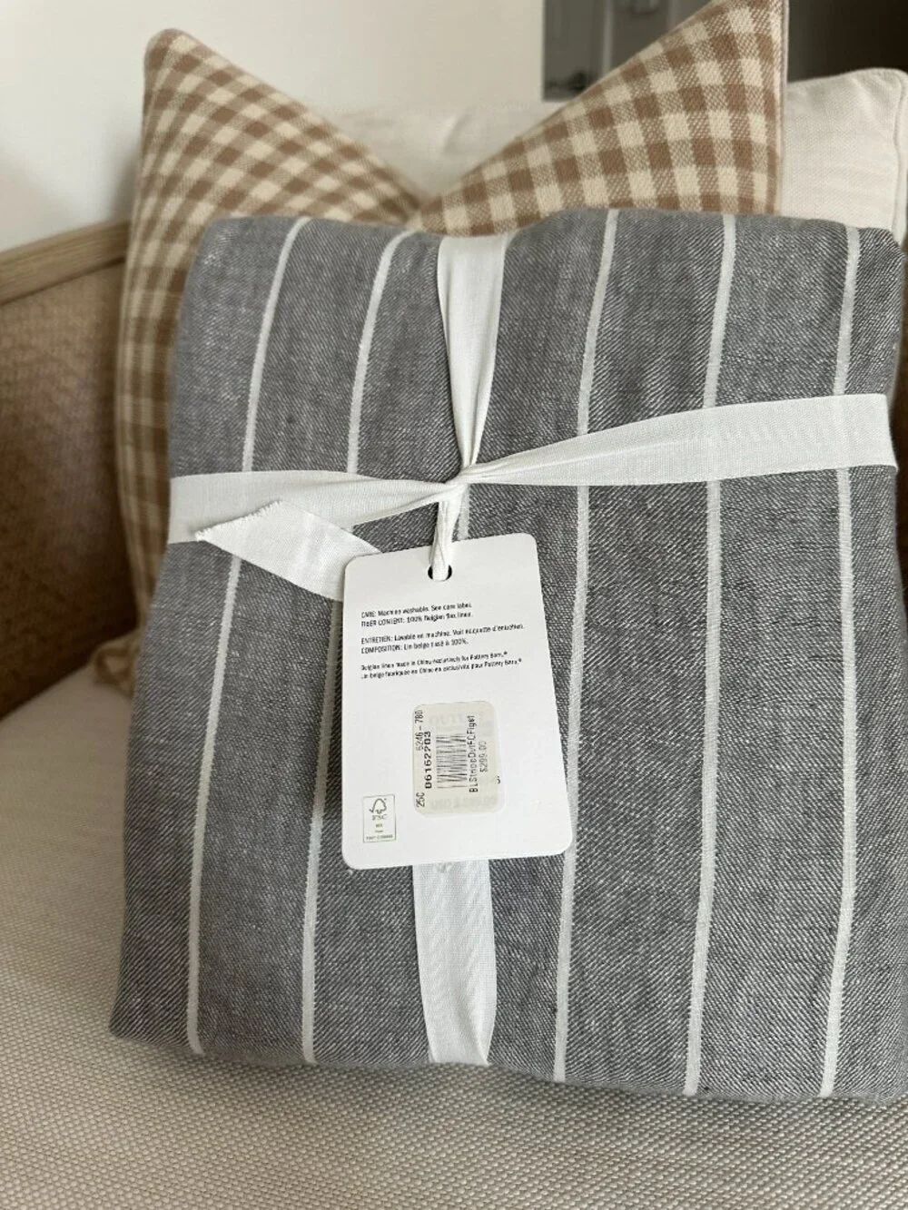 Pottery Barn Belgian Flax Linen Striped Duvet Cover in Grey Size Queen NWT